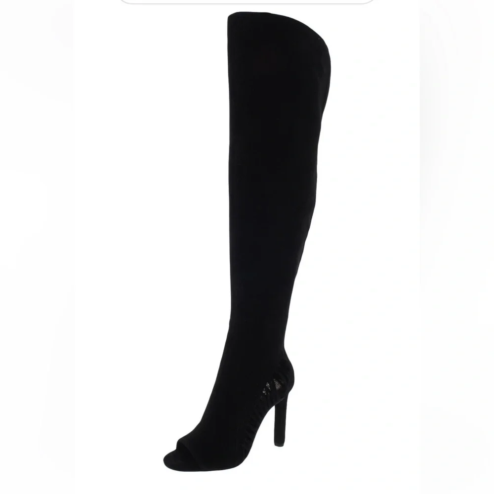 NIB VINCE CAMUTO Shassa Black Suede Open Toe Over-The-Knee Stiletto Heel Boots